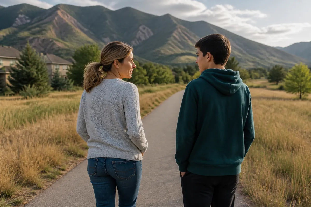 Teen Anxiety Counseling Near Ken Caryl, Colorado Parent and teenager talking on a Colorado path near Ken Caryl, CO